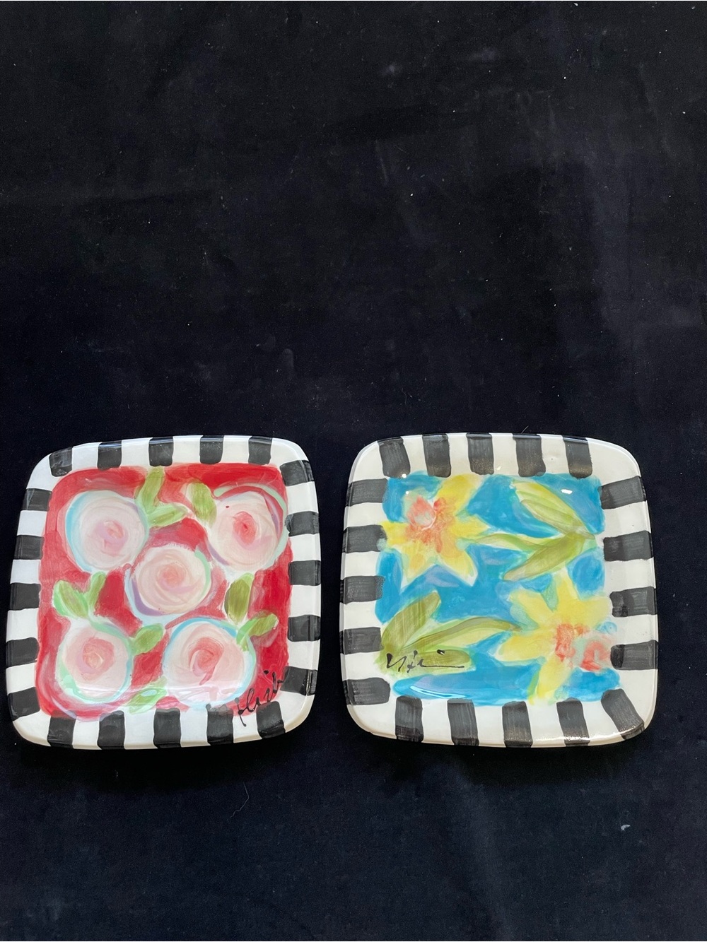 Handmade 2DessertPlates 7”SquareCeramic Peonies & Daffodils Original Design